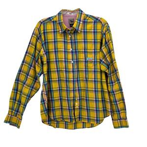 Cruel Girl Shirt Button Down Western Yellow Pink Blue Plaid L Long Sleeve Easter